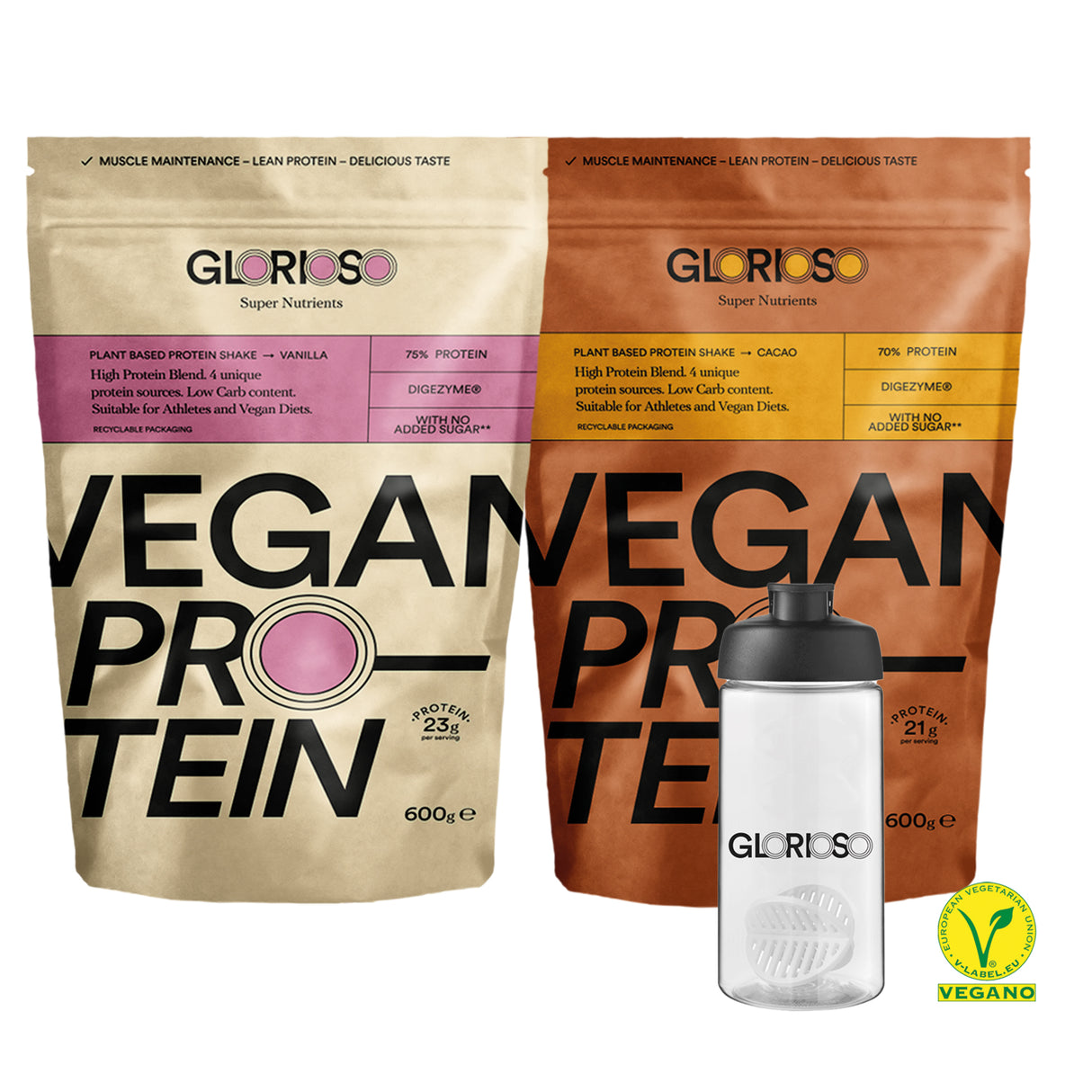 Protein Pack (Vainilla, Chocolate) Glorioso Super Nutrients 600g x 2 + Shaker