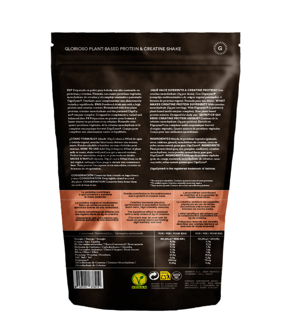Vista trasera de pouch de proteína vegana en polvo con creatina, ingredientes y tabla nutricional visibles.