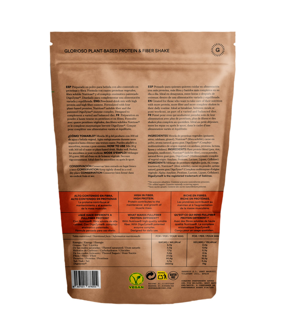 Parte trasera de paquete de proteína vegana en polvo con fibra, ingredientes y tabla nutricional.