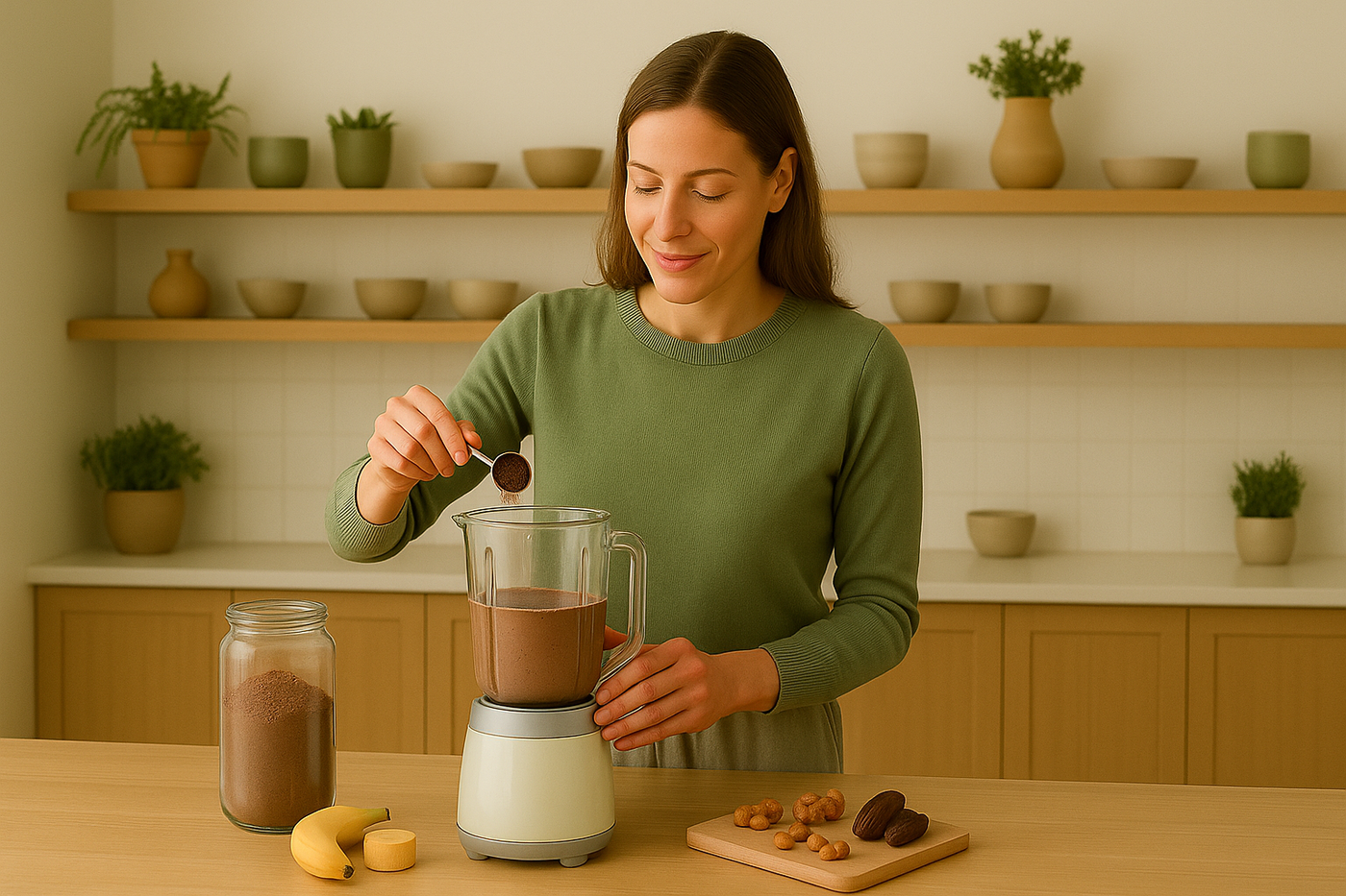 Mujer preparándose un batido de proteína vegana Glorioso