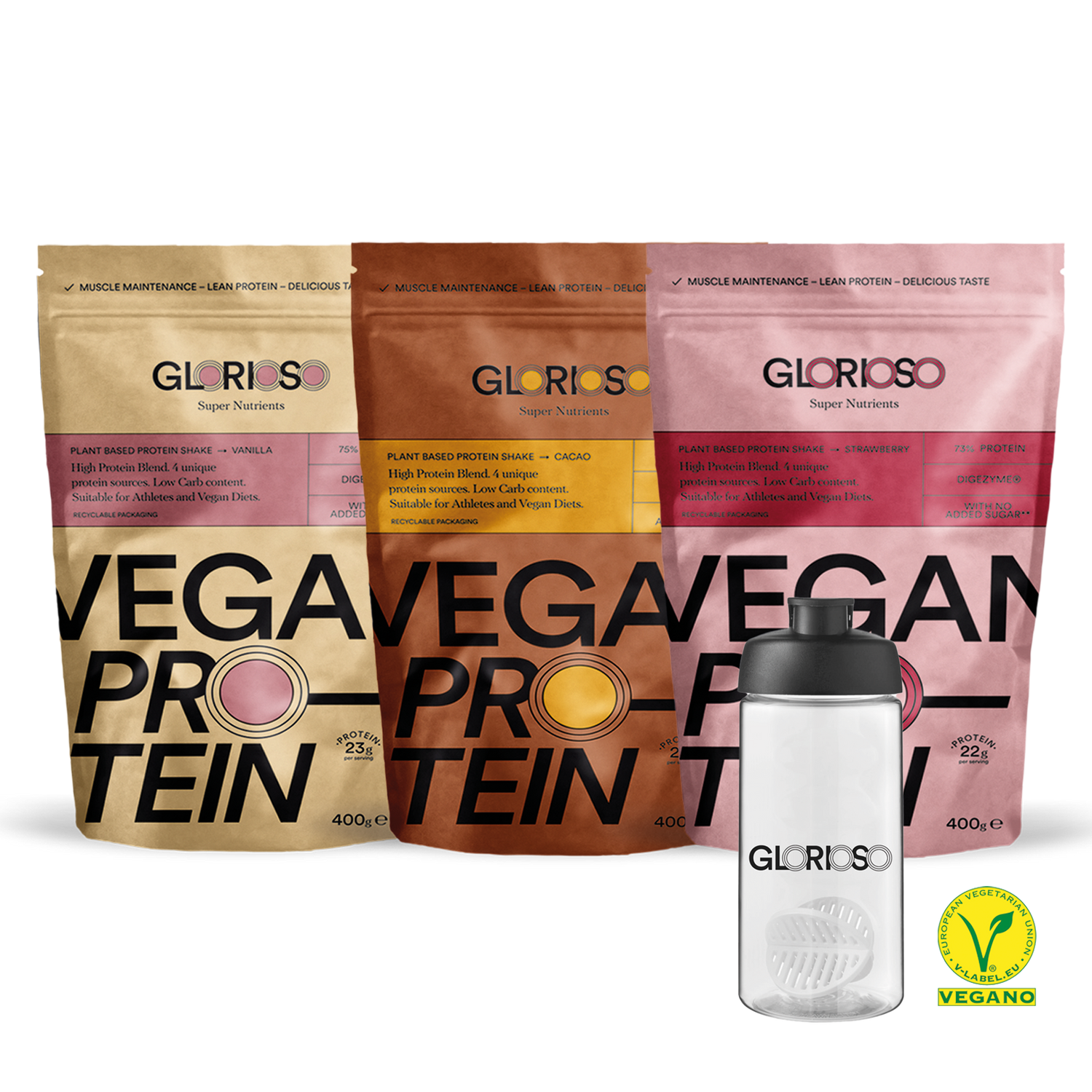 Full Protein Pack (Vanilla, Choco, Strawberry) Glorioso Super Nutrients 400g x 3 + Shaker