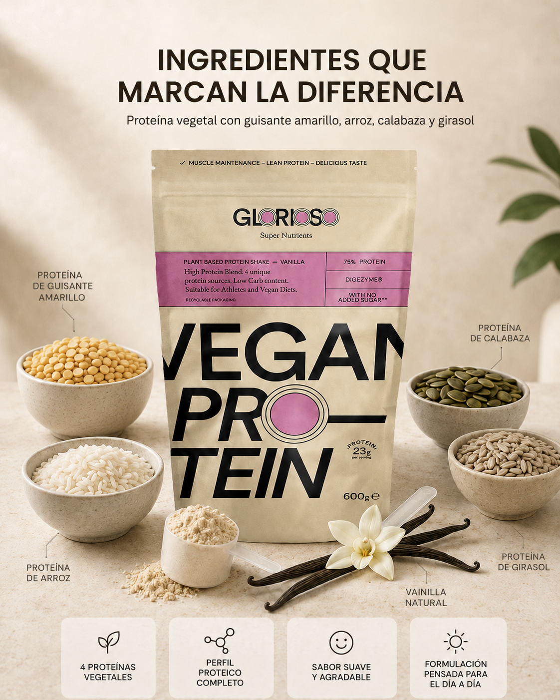 Proteína Vegana Vainilla de Glorioso con guisante amarillo, arroz, calabaza, girasol y vainilla natural.