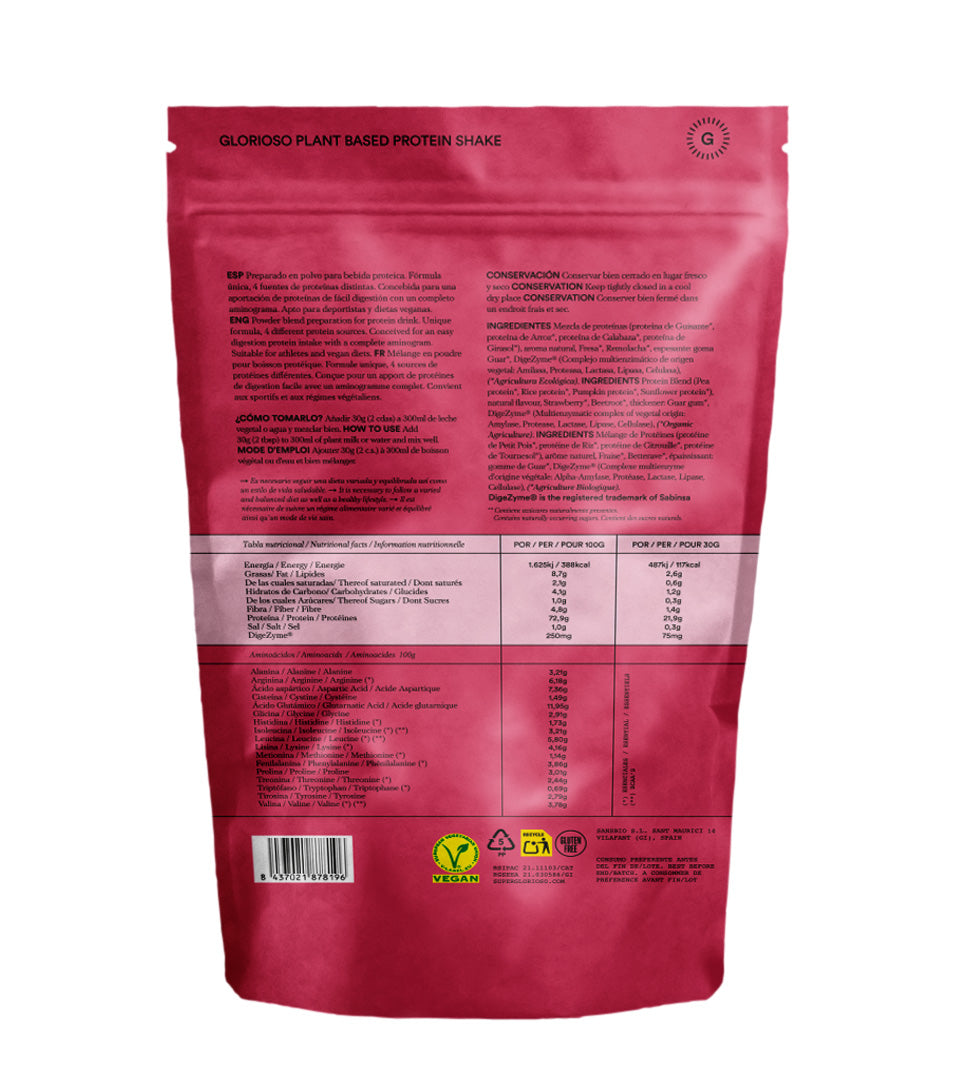 Parte trasera de bolsa de proteína vegana sabor fresa, información nutricional y sellos veganos visibles.