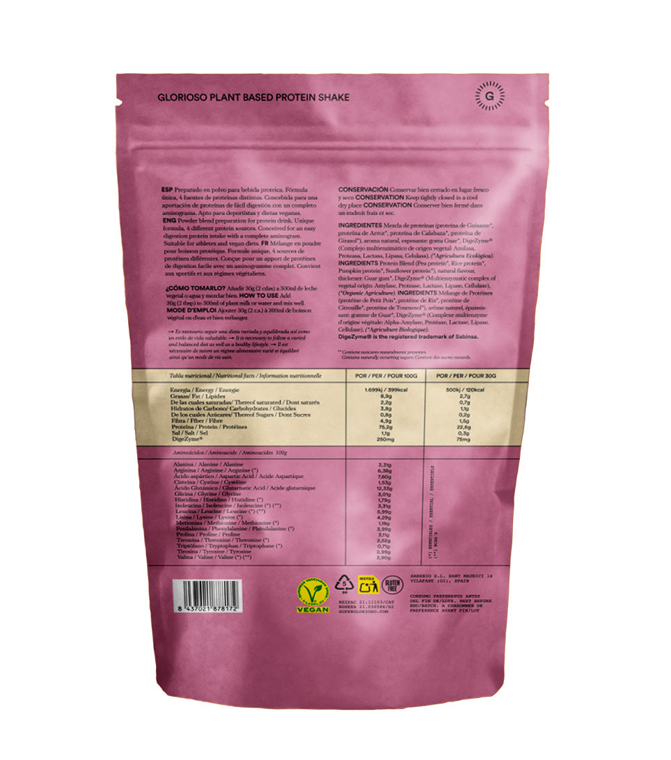 Parte trasera de empaque de proteína vegana sabor vainilla, información nutricional visible.
