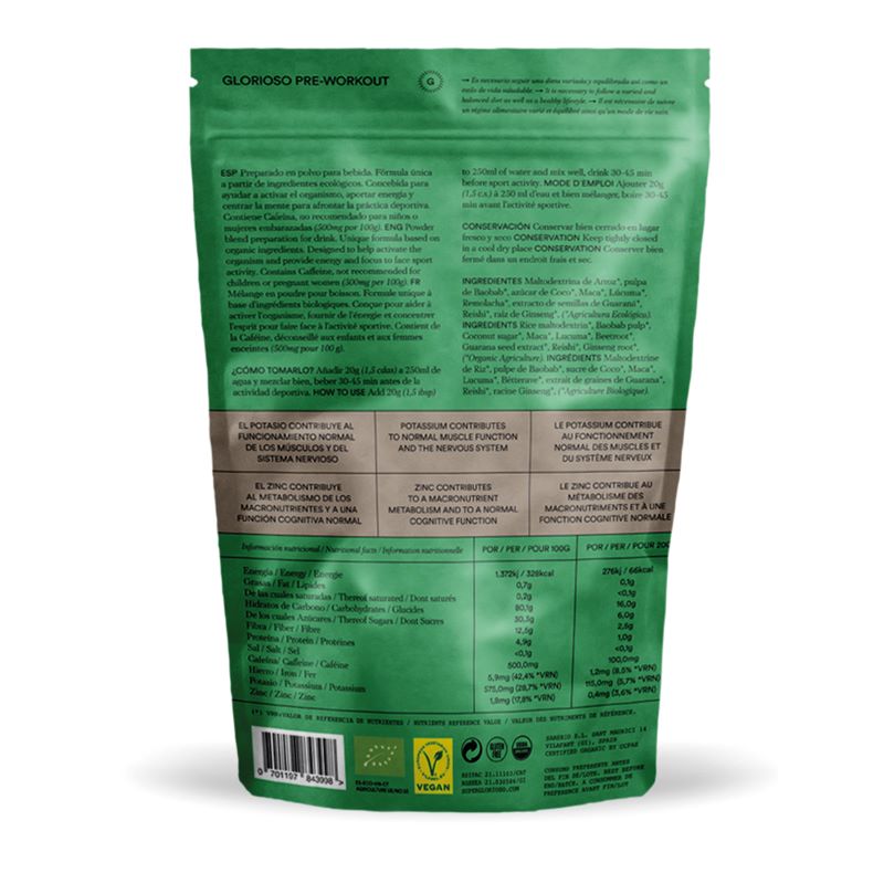 Información nutricional PreWorkout Vegano