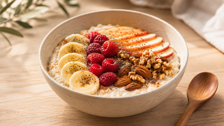 Bol de porridge cremoso con plátano, frutos rojos, manzana, almendras, nueces y semillas de chía sobre mesa de madera clara.