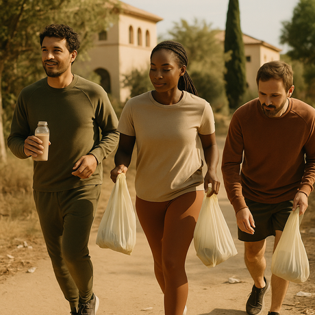 Grupo de personas practicando plogging en un parque, corriendo y recogiendo basura, actividad sostenible para cuidar el planeta y la salud