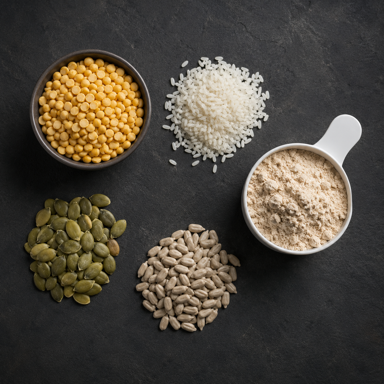 Ingredientes de proteína vegetal con guisante amarillo, arroz, semillas de calabaza y girasol junto a un scoop de proteína en polvo.