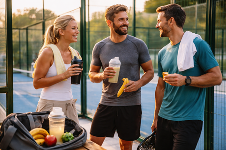 Jugadores de pádel tras un partido, bebiendo batido y comiendo fruta para recuperar en una pista de pádel exterior
