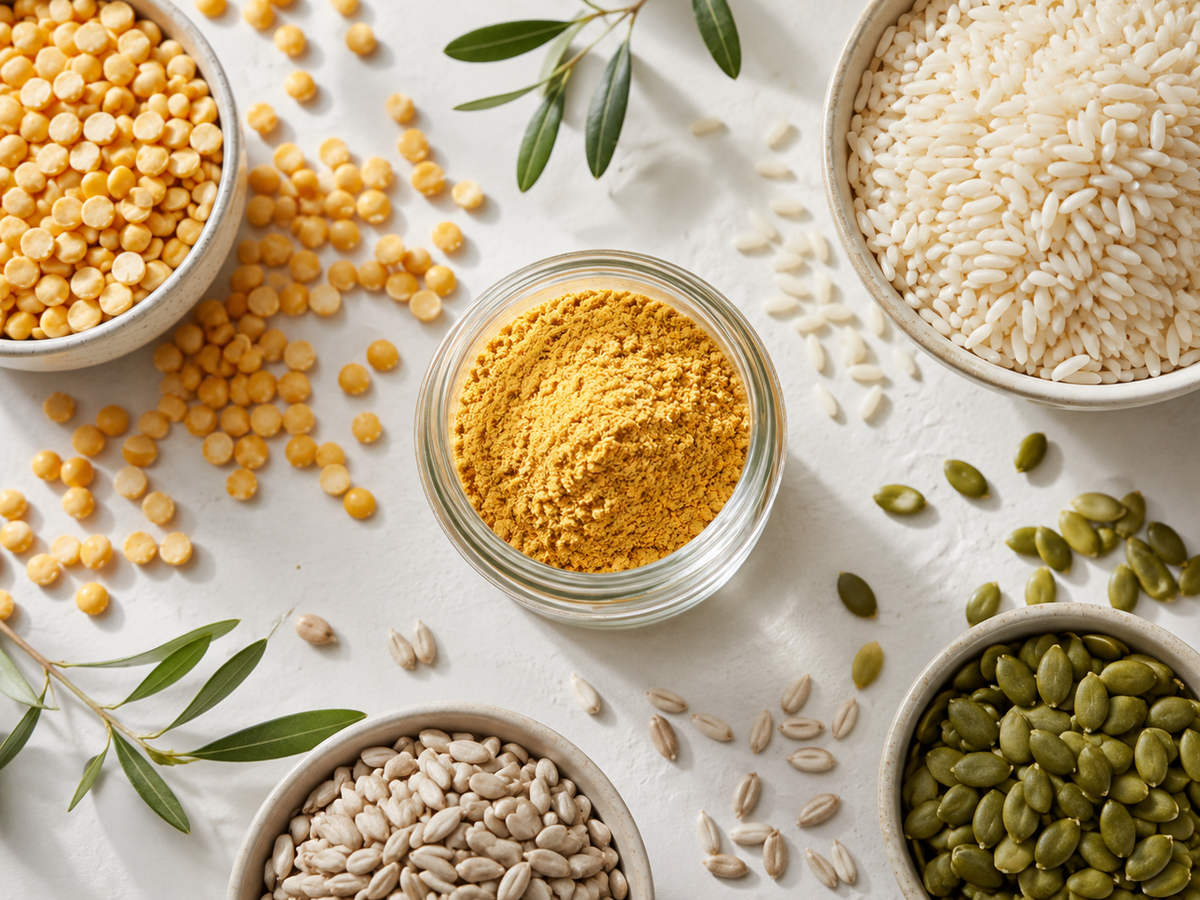 Flat lay de ingredientes vegetales con polvo de enzimas, guisante amarillo, arroz, semillas de calabaza y semillas de girasol sobre fondo blanco.