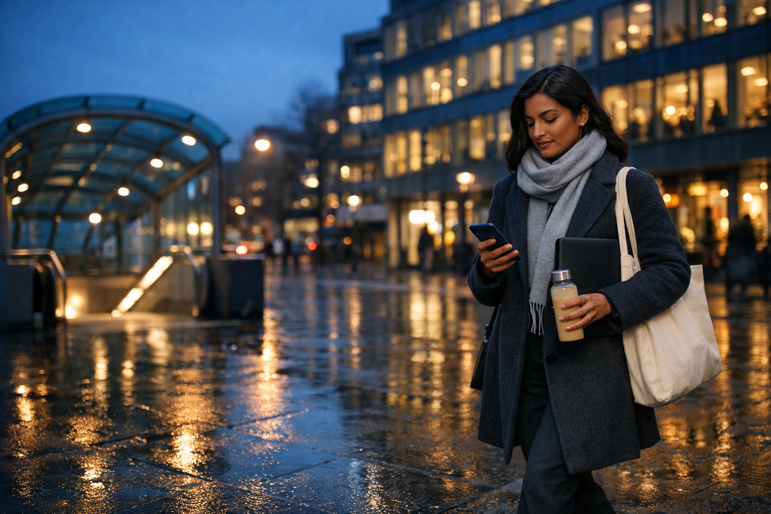 Mujer activa de unos 40 años iniciando su jornada laboral en un entorno urbano de invierno, con portátil y batido saludable, representando energía, equilibrio y bienestar diario.