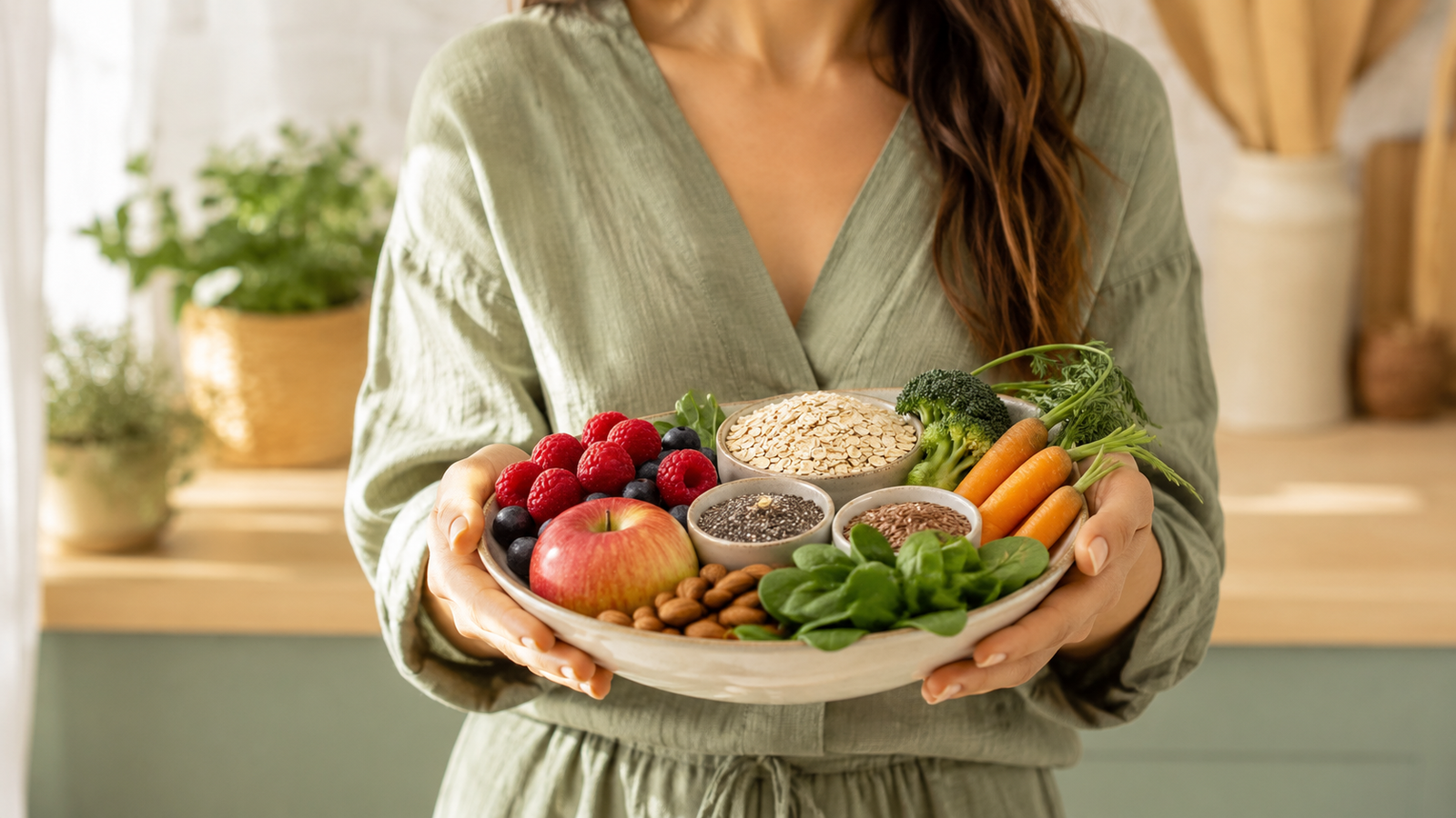 Mujer con ropa verde salvia sosteniendo alimentos ricos en fibra como avena, frutos rojos, manzana, semillas, almendras y verduras frescas en una cocina luminosa de estilo mediterráneo.