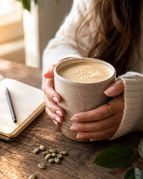 Mujer sosteniendo una taza con smoothie cremoso de proteína vegetal en una mesa de madera con libreta y semillas de calabaza, en una escena de desayuno saludable.