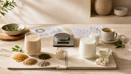 Comparación editorial entre proteína vegana y whey sobre mesa de travertino, con batido vegetal, ingredientes naturales, leche, yogur, balanza de cocina y gráficos nutricionales desenfocados.