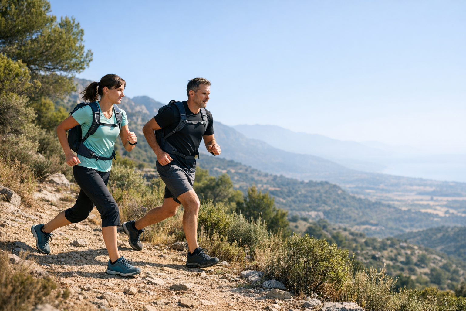 Personas practicando fast hiking en un sendero de montaña con mochilas ligeras y ritmo ágil