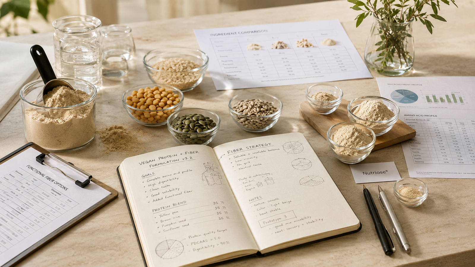Mesa de laboratorio alimentario con proteína vegetal en polvo, fibras alimentarias, Nutriose®, semillas y notas de formulación para desarrollar una proteína vegana con fibra.