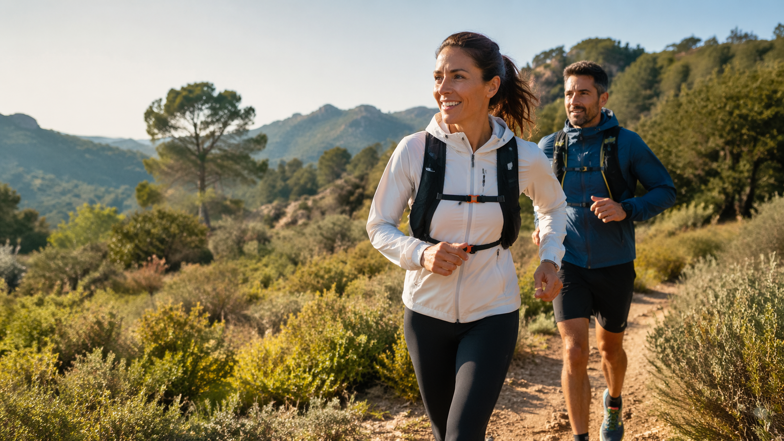 Mujer y hombre practicando trail running para principiantes en un sendero de montaña con vegetación mediterránea.