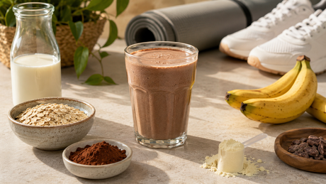 Batido de proteína vegetal con creatina preparado con ingredientes naturales para una rutina activa.