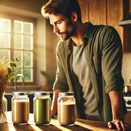 Hombre eligiendo proteína vegetal sin entrenar, escena natural con tarros de vidrio y smoothie en cocina luminosa.