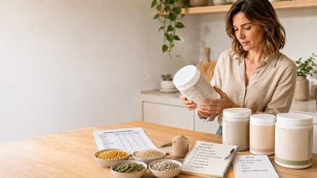 Mujer comparando proteínas veganas y revisando etiquetas nutricionales para elegir la mejor proteína vegetal según sus ingredientes y calidad nutricional.