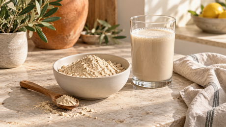 Bol de proteína vegetal en polvo junto a un vaso de batido sobre una encimera