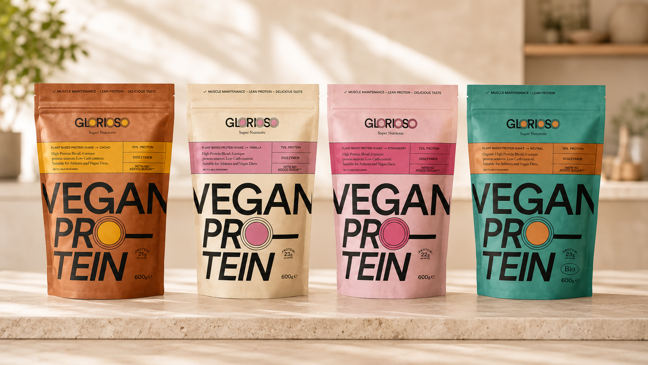 Colección de proteína vegana Glorioso en polvo con sabores chocolate, vainilla, fresa y neutra bio elaborada con proteínas de guisante, arroz, calabaza y girasol