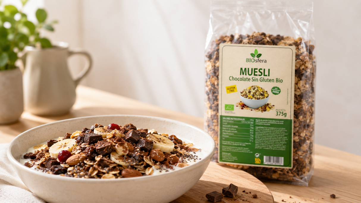 Bol de yogur con Biosfera Muesli Chocolate Sin Gluten Bio, plátano, frutos rojos, semillas y bolsa transparente de 375 g al fondo.