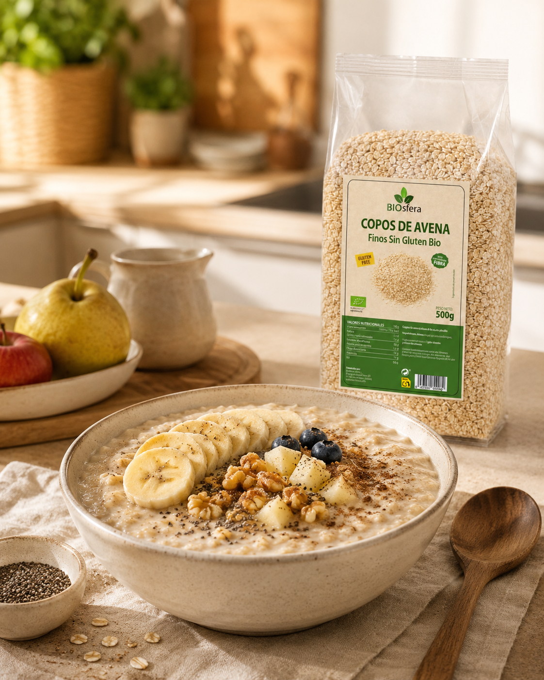 Porridge cremoso con plátano, fruta, semillas y Copos de Avena Finos Sin Gluten Bio Biosfera en cocina mediterránea.