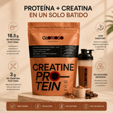 Infografía de Creatine Protein Glorioso mostrando proteína vegetal con 3 g de creatina, DigeZyme®, sin azúcares añadidos, shaker de chocolate y atributos veganos, sin gluten y sin lactosa