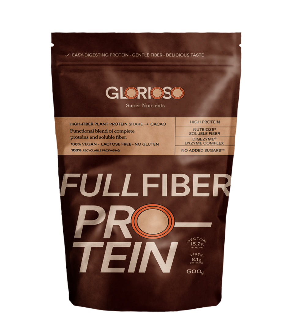 Fullfiber Protein Cacao de Glorioso, proteína vegana con fibra y sabor cacao.
