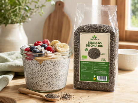 Pudding de semillas de chía bio Biosfera con frutas frescas, plátano y frutos rojos, presentado junto al envase transparente de 250 g en una cocina luminosa.