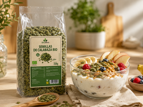Bol de desayuno con yogur, fruta fresca y semillas de calabaza bio Biosfera, presentado junto al envase transparente de 250 g en una cocina luminosa.