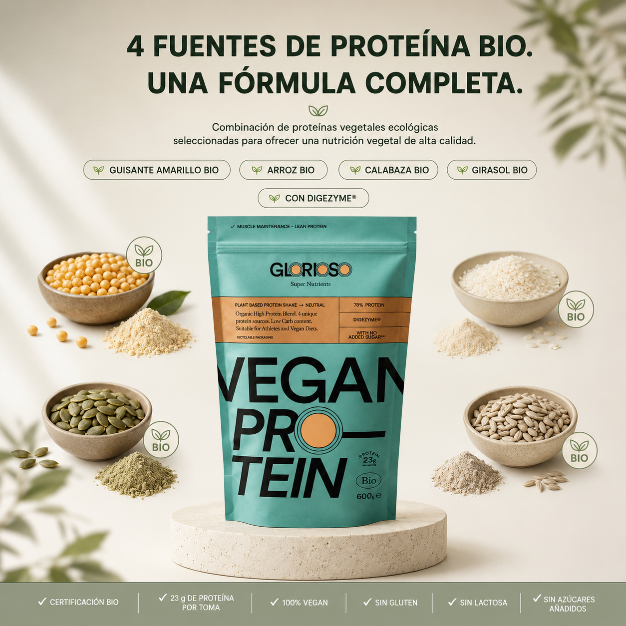 Infografía de la Proteína Vegana Neutra Bio Glorioso mostrando sus cuatro fuentes de proteína ecológica: guisante amarillo, arroz, calabaza y girasol, junto con DigeZyme®, certificación BIO y 23 g de proteína por toma.