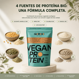 Infografía de la Proteína Vegana Neutra Bio Glorioso mostrando sus cuatro fuentes de proteína ecológica: guisante amarillo, arroz, calabaza y girasol, junto con DigeZyme®, certificación BIO y 23 g de proteína por toma.