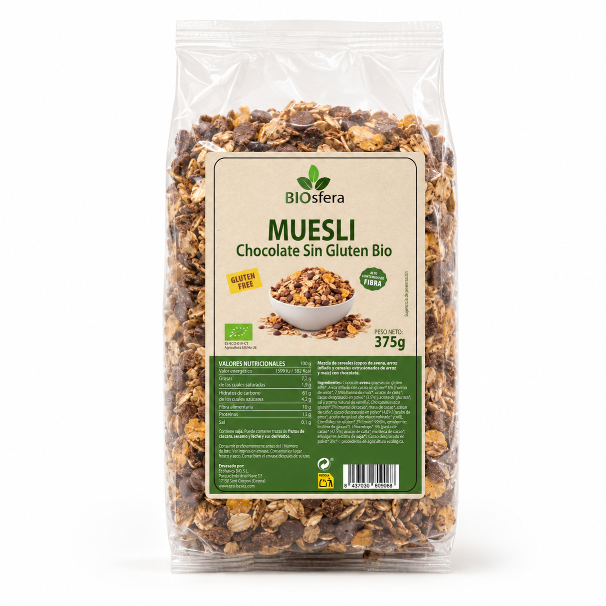 Bolsa transparente de Muesli Chocolate Sin Gluten Bio Biosfera 375 g con copos de avena, cereales, semillas y cacao visible para ecommerce.
