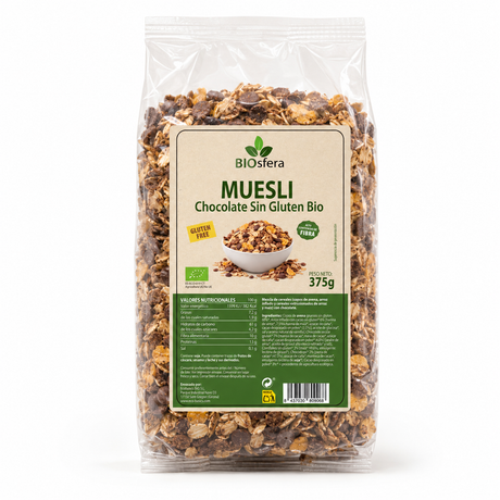 Bolsa transparente de Muesli Chocolate Sin Gluten Bio Biosfera 375 g con copos de avena, cereales, semillas y cacao visible para ecommerce.