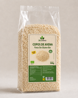 Bolsa transparente de Copos de Avena Finos Sin Gluten Bio Biosfera 500 g con etiqueta frontal y avena visible.
