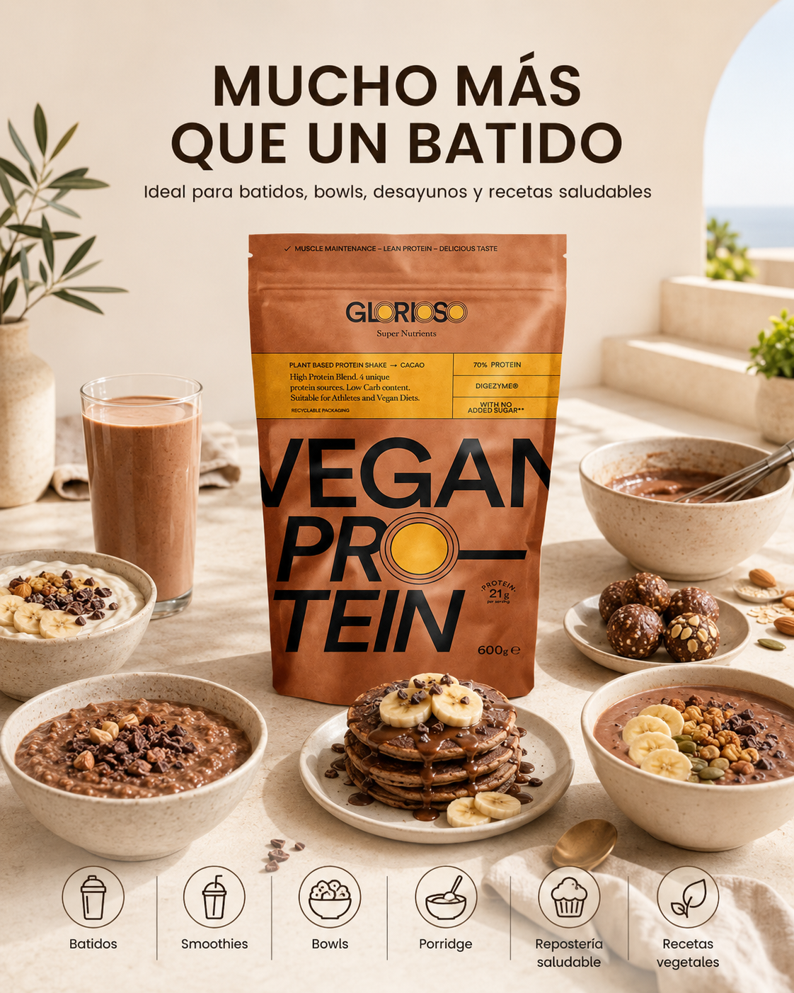 Envase de Proteína Vegana Chocolate de Glorioso con diferentes formas de consumo: batido, bowls, porridge, pancakes y repostería saludable.