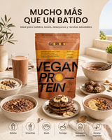 Envase de Proteína Vegana Chocolate de Glorioso con diferentes formas de consumo: batido, bowls, porridge, pancakes y repostería saludable.