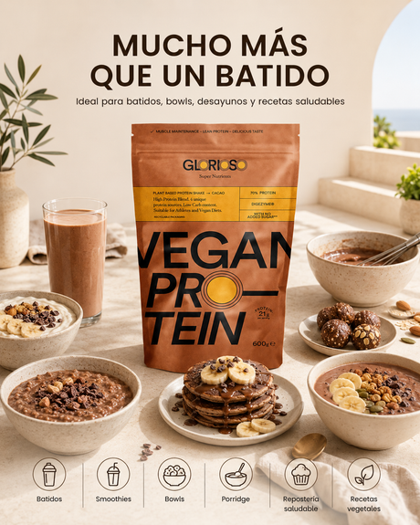 Envase de Proteína Vegana Chocolate de Glorioso con diferentes formas de consumo: batido, bowls, porridge, pancakes y repostería saludable.