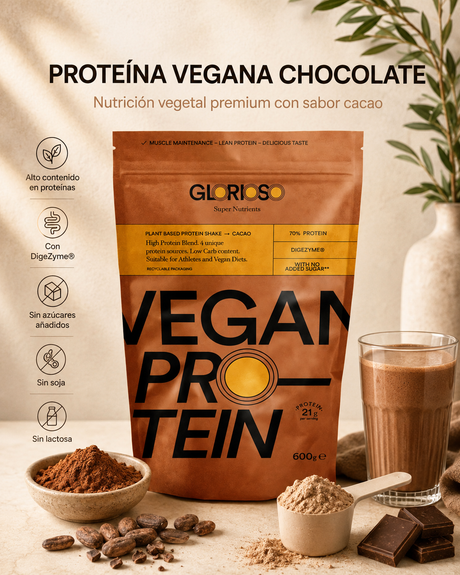 Envase de Proteína Vegana Chocolate de Glorioso con cacao en polvo, granos de cacao, batido cremoso y scoop de proteína vegetal.