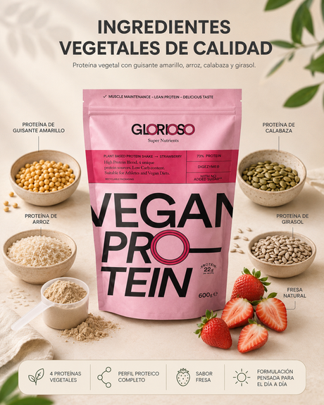 Envase de Proteína Vegana Fresa de Glorioso con sus ingredientes principales: guisante amarillo, arroz, proteína de calabaza, proteína de girasol y fresa natural.