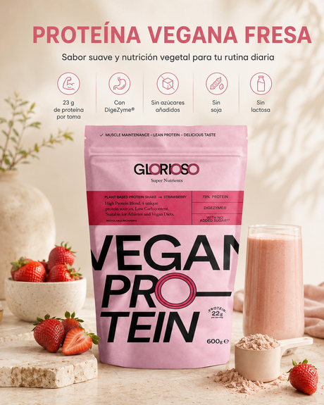 Proteína Vegana Fresa de Glorioso con DigeZyme, sin azúcares añadidos, sin soja y sin lactosa.