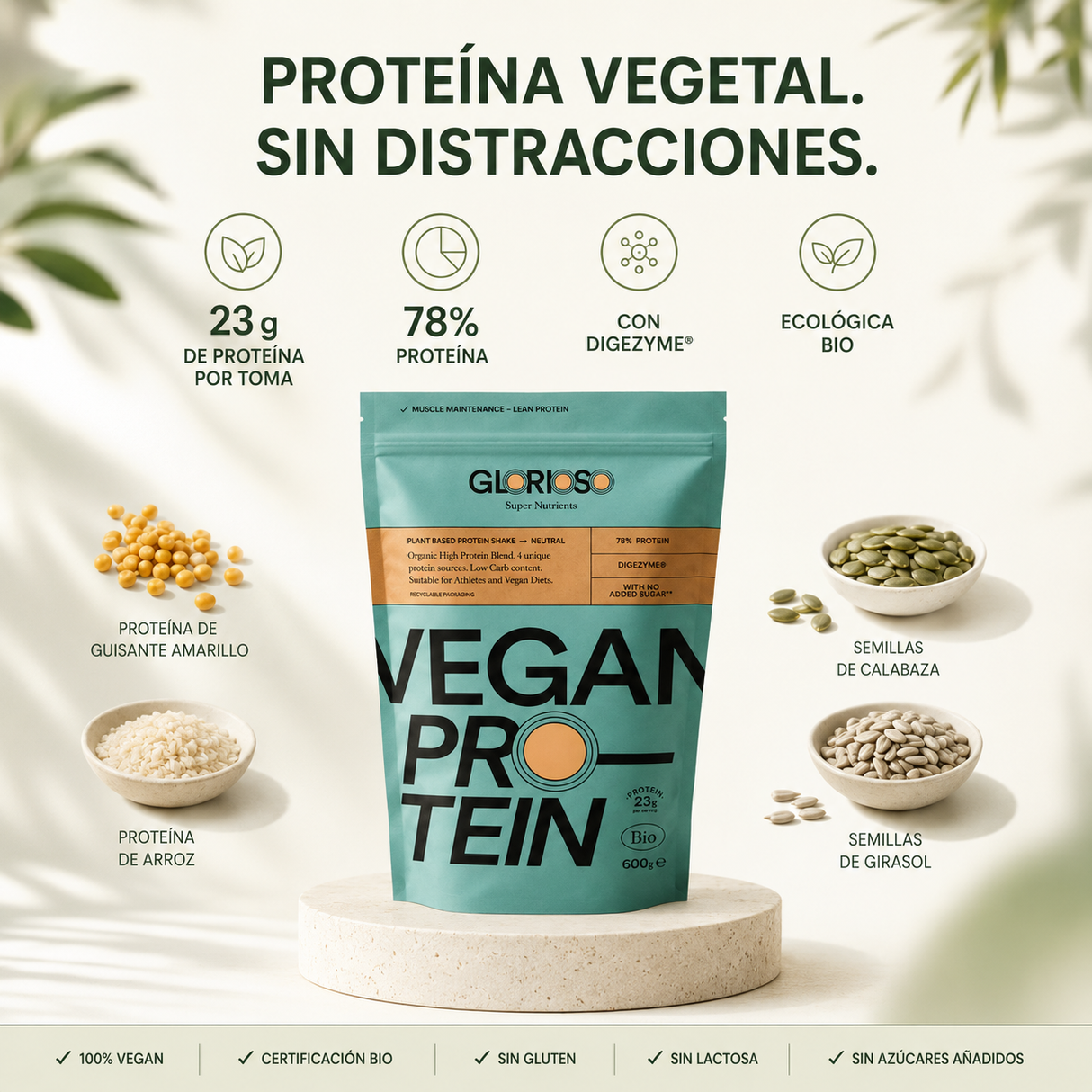 Proteína Vegana Neutra Bio Glorioso | Proteína vegetal ecológica con DigeZyme®