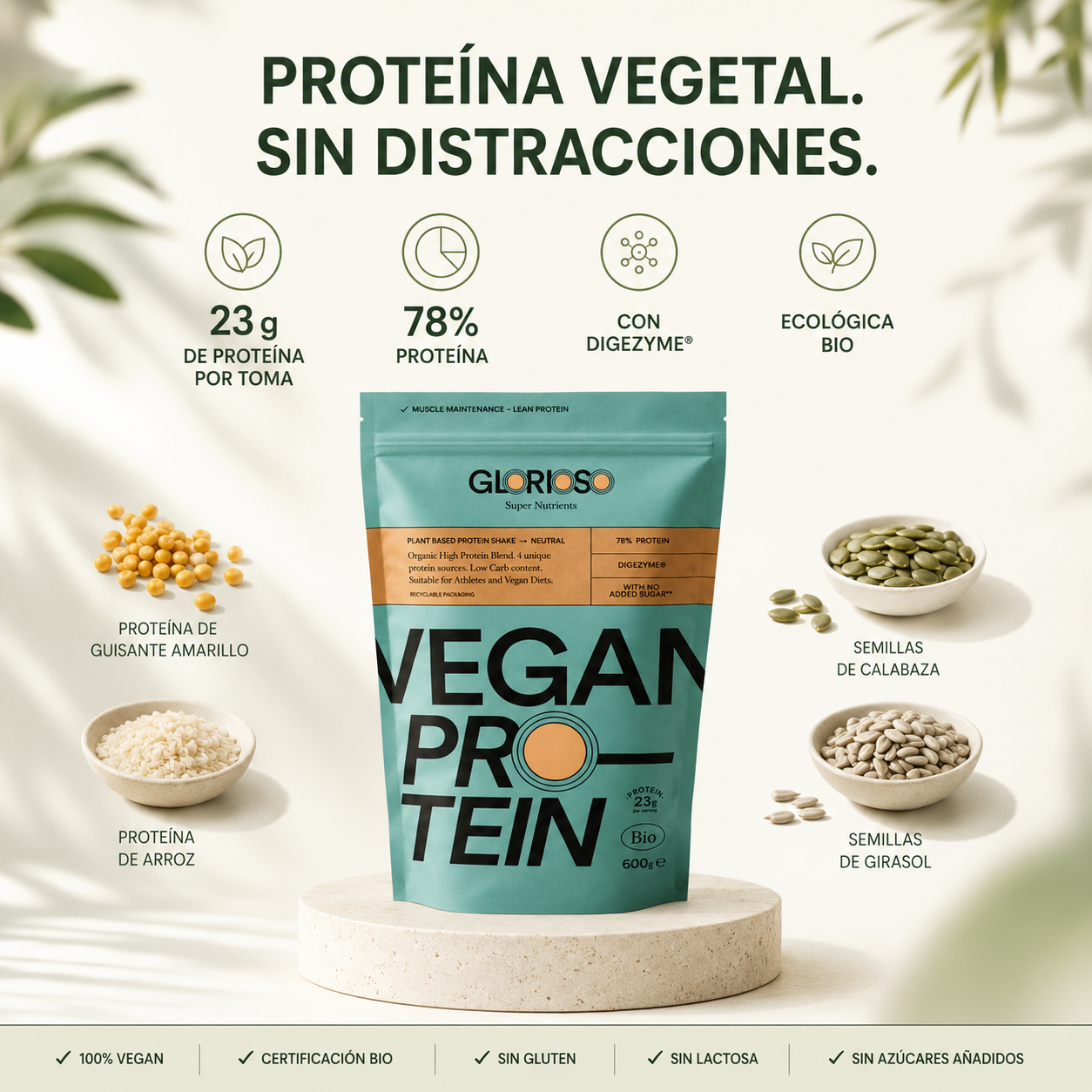 Proteína Vegana Neutra Bio Glorioso | Proteína vegetal ecológica con DigeZyme®