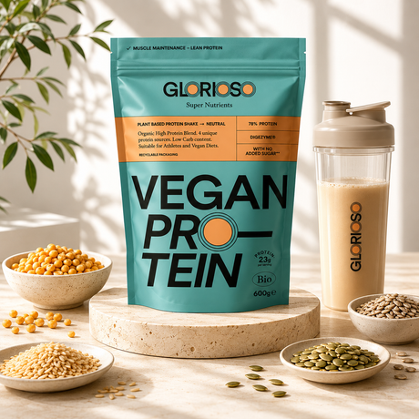Proteína Vegana Neutra Bio Glorioso en envase de 600 g con proteína de guisante amarillo, arroz, calabaza y girasol, acompañada de shaker y presentación premium en tonos naturales y minimalistas.
