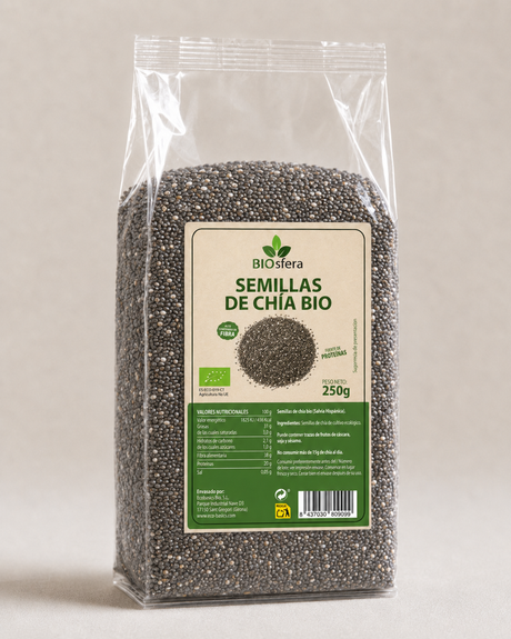 Bolsa transparente de Semillas de Chía Bio Biosfera 250 g con etiqueta frontal, producto ecológico alto en fibra y fuente de proteínas.