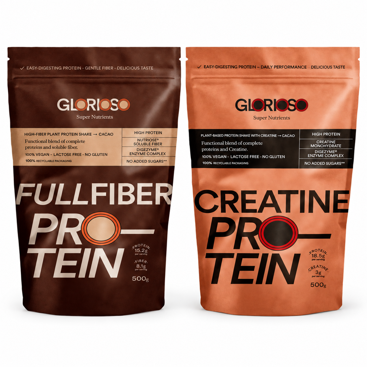 Pack Glorioso Fullfiber Protein y Creatine Protein sabor chocolate, dos bolsas de 500 g